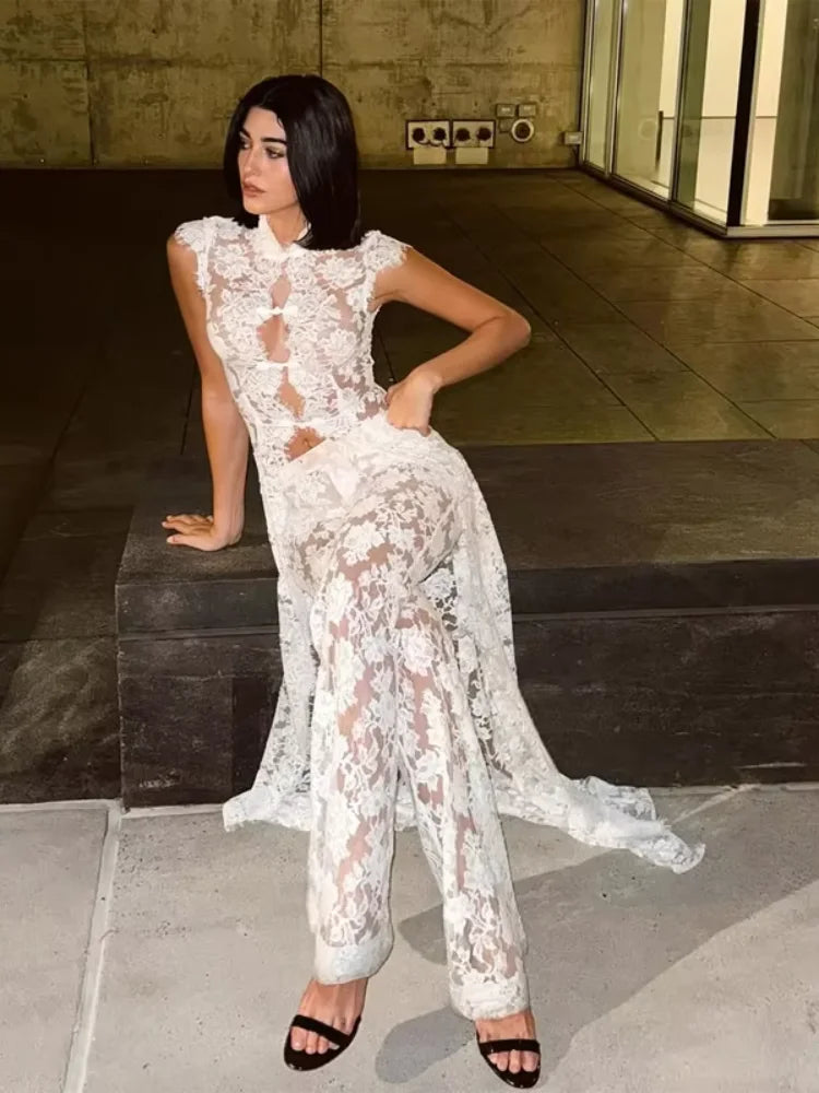 White Lace Embroidery Pant Suit