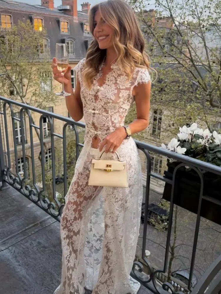 White Lace Embroidery Pant Suit