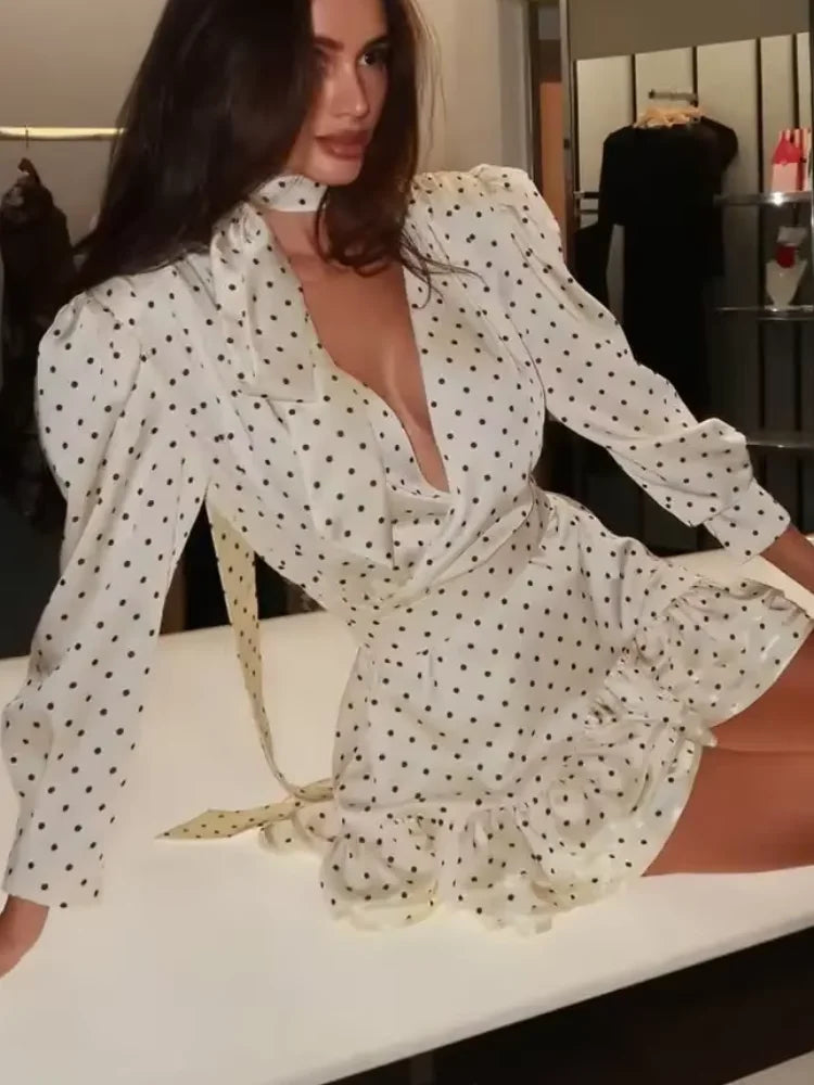 Classic Polka Dot Women's Dress With Scarf