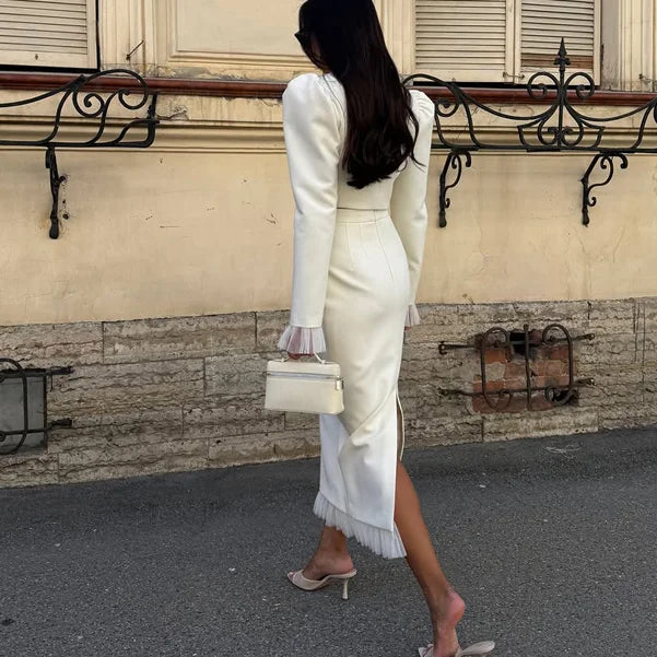 White Ruffle Stand Collar Peplum Skirt Set
