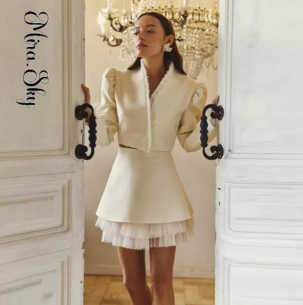 White Ruffle Stand Collar Peplum Skirt Set
