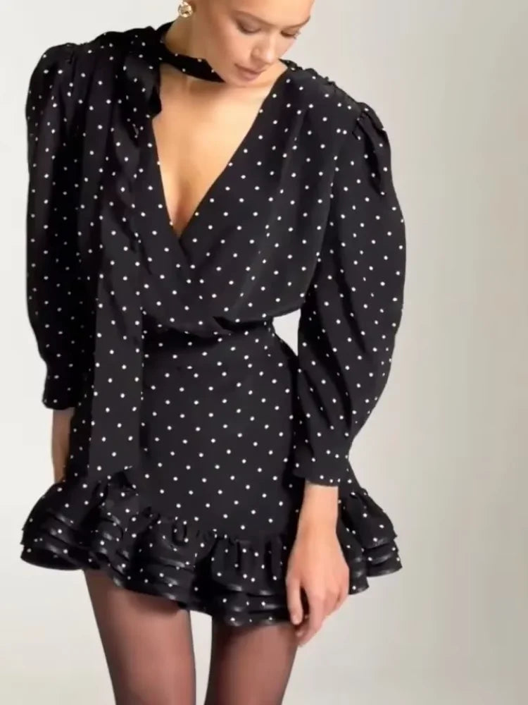 Classic Polka Dot Women's Dress With Scarf