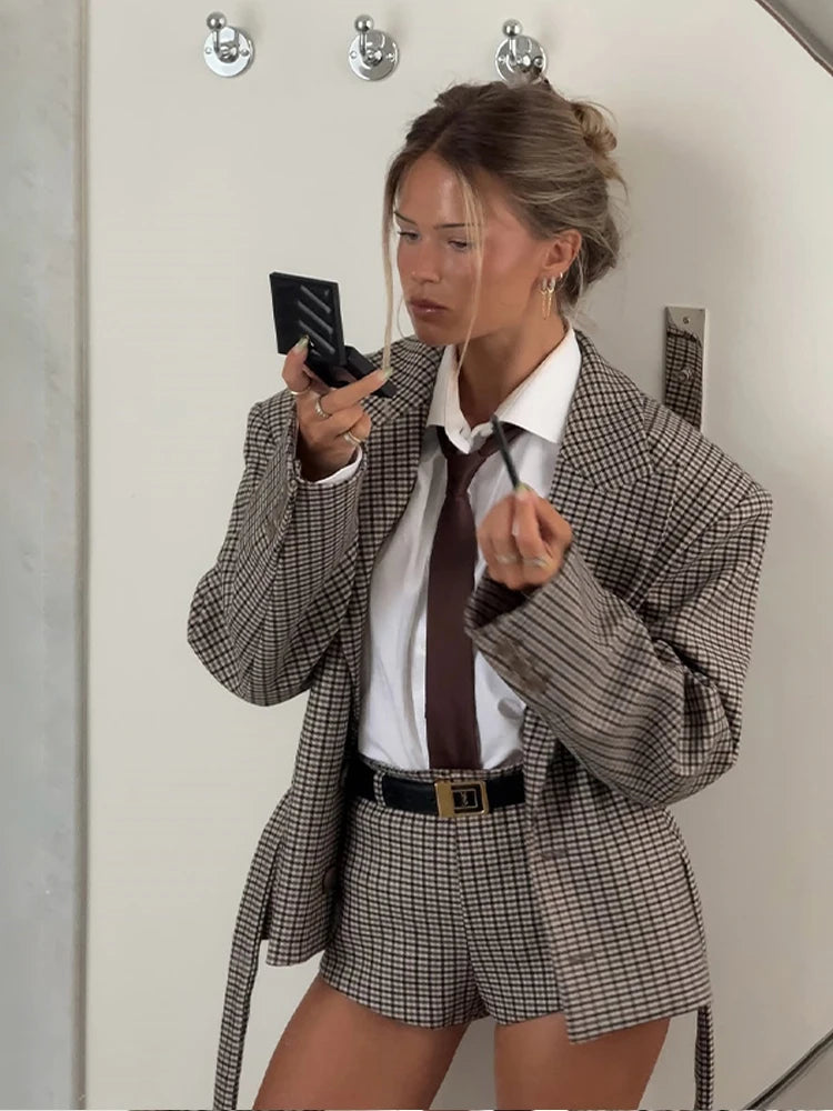 Plaid Shoulder Pad Jacket Shorts Set
